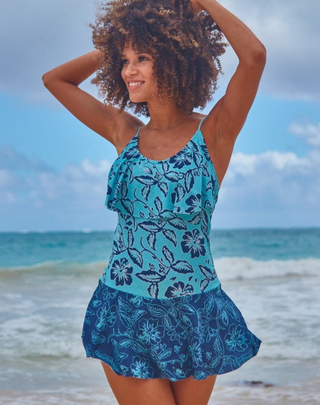 Hawaiian Swim Dress - Rainforest Print, Flounce Front, Criss Cross Back Tie