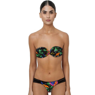 This image features the Loco Boutique Aloha Friday Bandeau Bikini Top, part of a stylish swimwear set. The bandeau top displays a vibrant tropical bloom print with a mix of green leaves, orange blooms, and blue accents, creating a fresh and colorful look.
