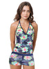 Loco Boutique Blue Flower Reversible Halter Tankini - NAVY / XS