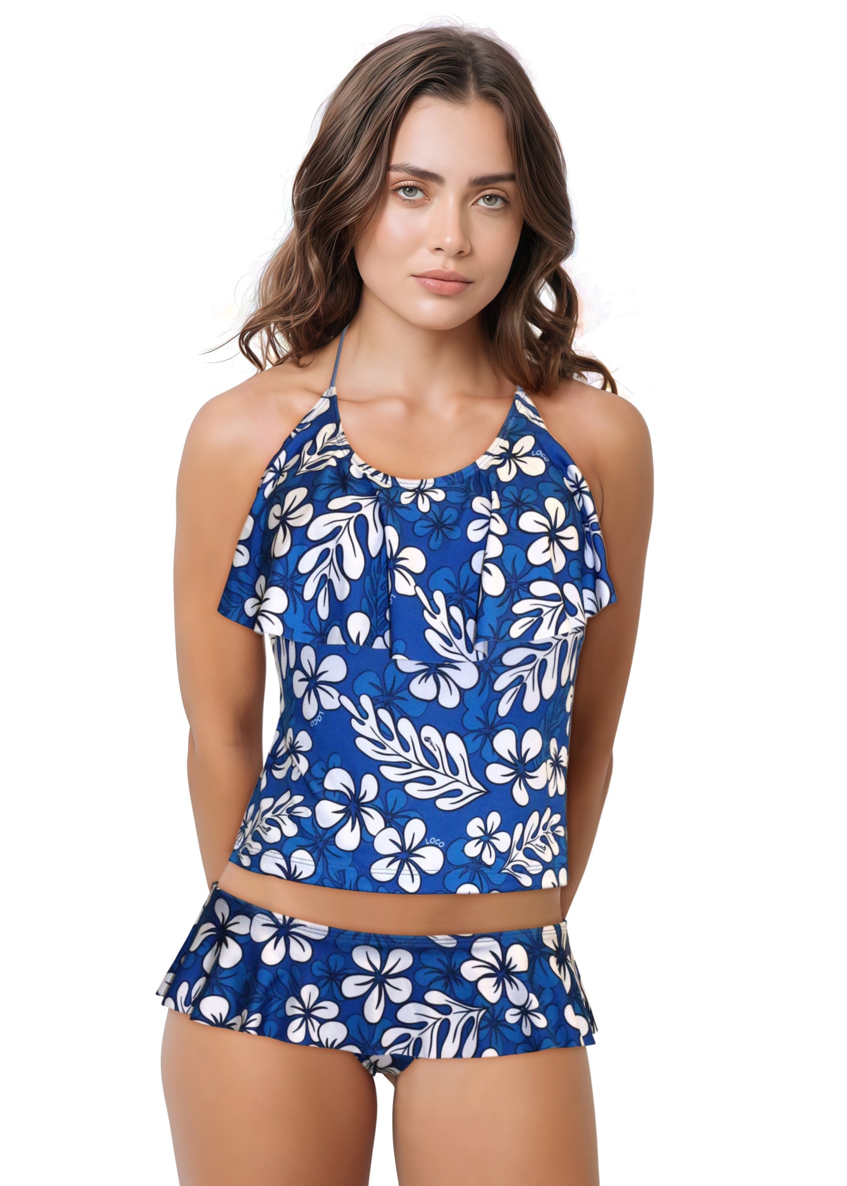 Loco Boutique Blue Plumeria Flounce Front Tankini