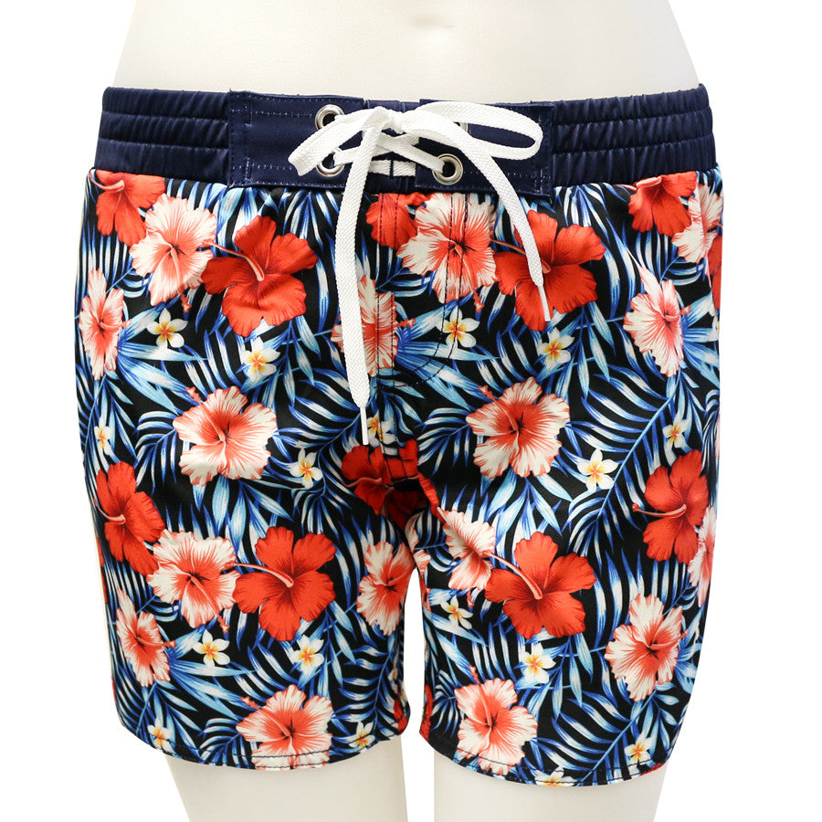 Red Hibiscus Mid-Thigh Length Boardshort