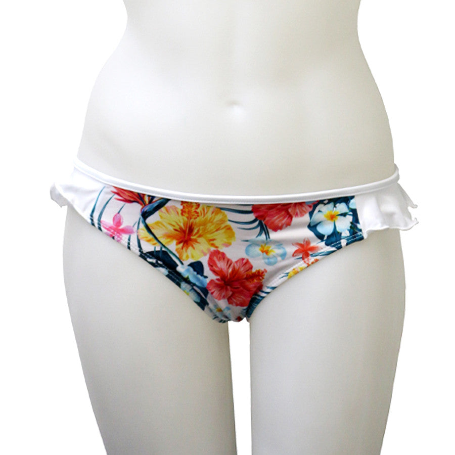 Braguita de bikini con volantes laterales y flores hawaianas de Loco Boutique