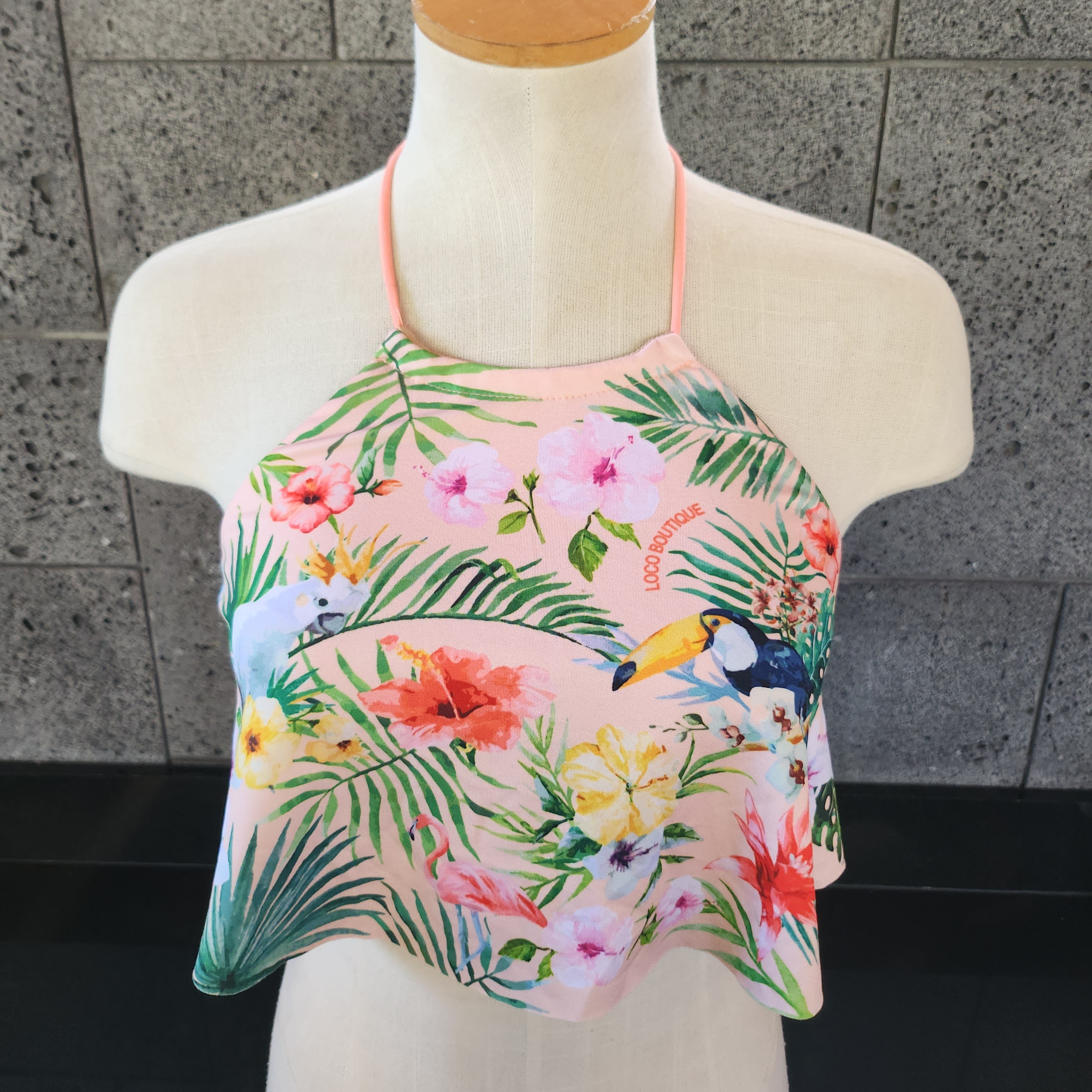 Loco Boutique Tropical Bird Flounce Front Halter Crop Top