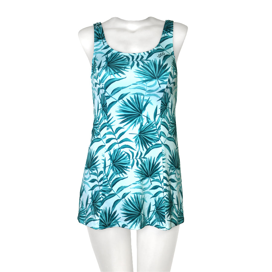 Tropical Leaves Princess Seam Swim Dress - Loco Boutique