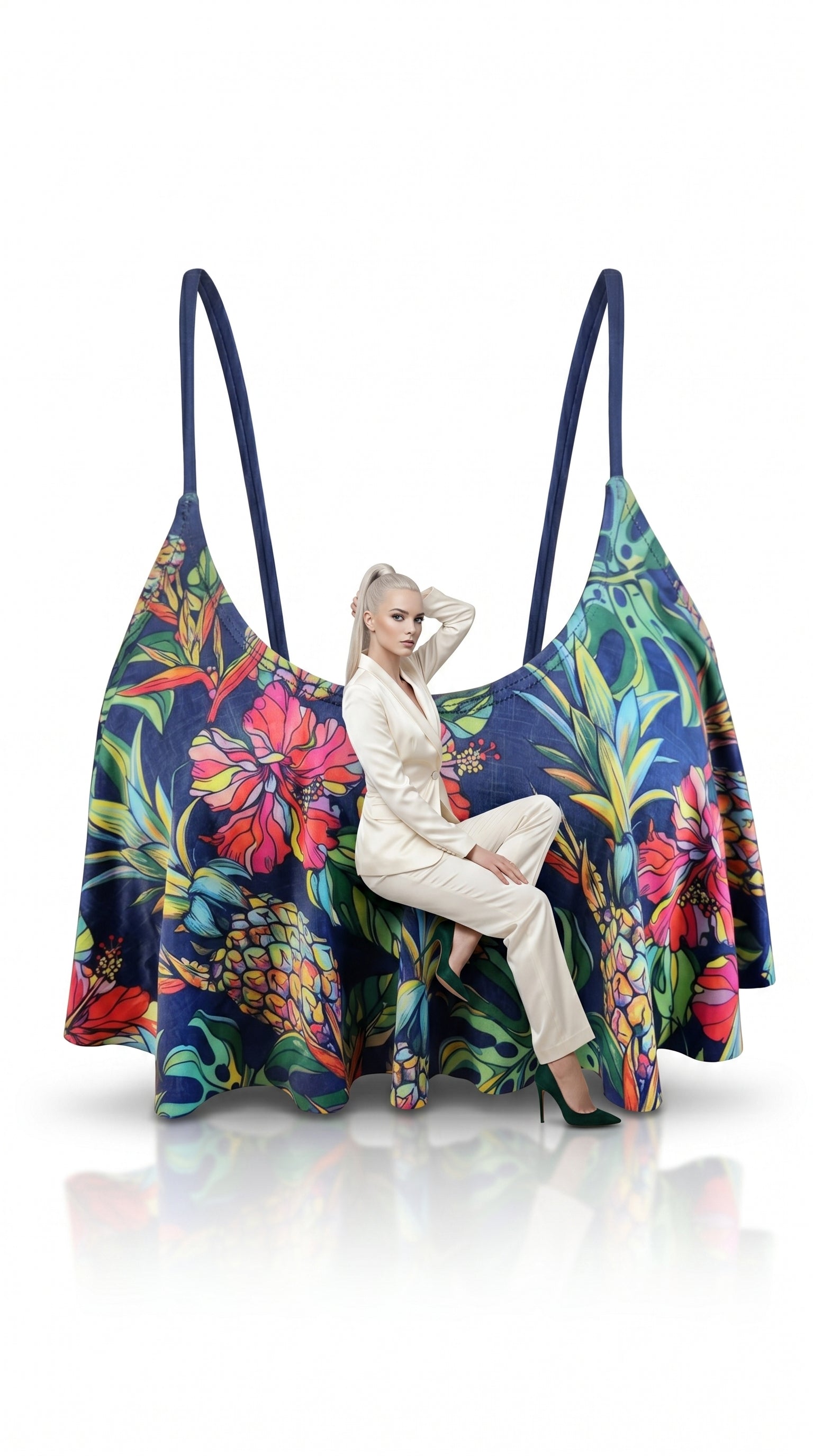 Woman wearing a tropical inspired bikini set on a white background
