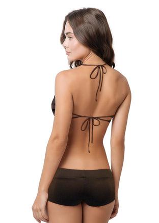 Woman wearing a black bikini with ruffled details on a white background