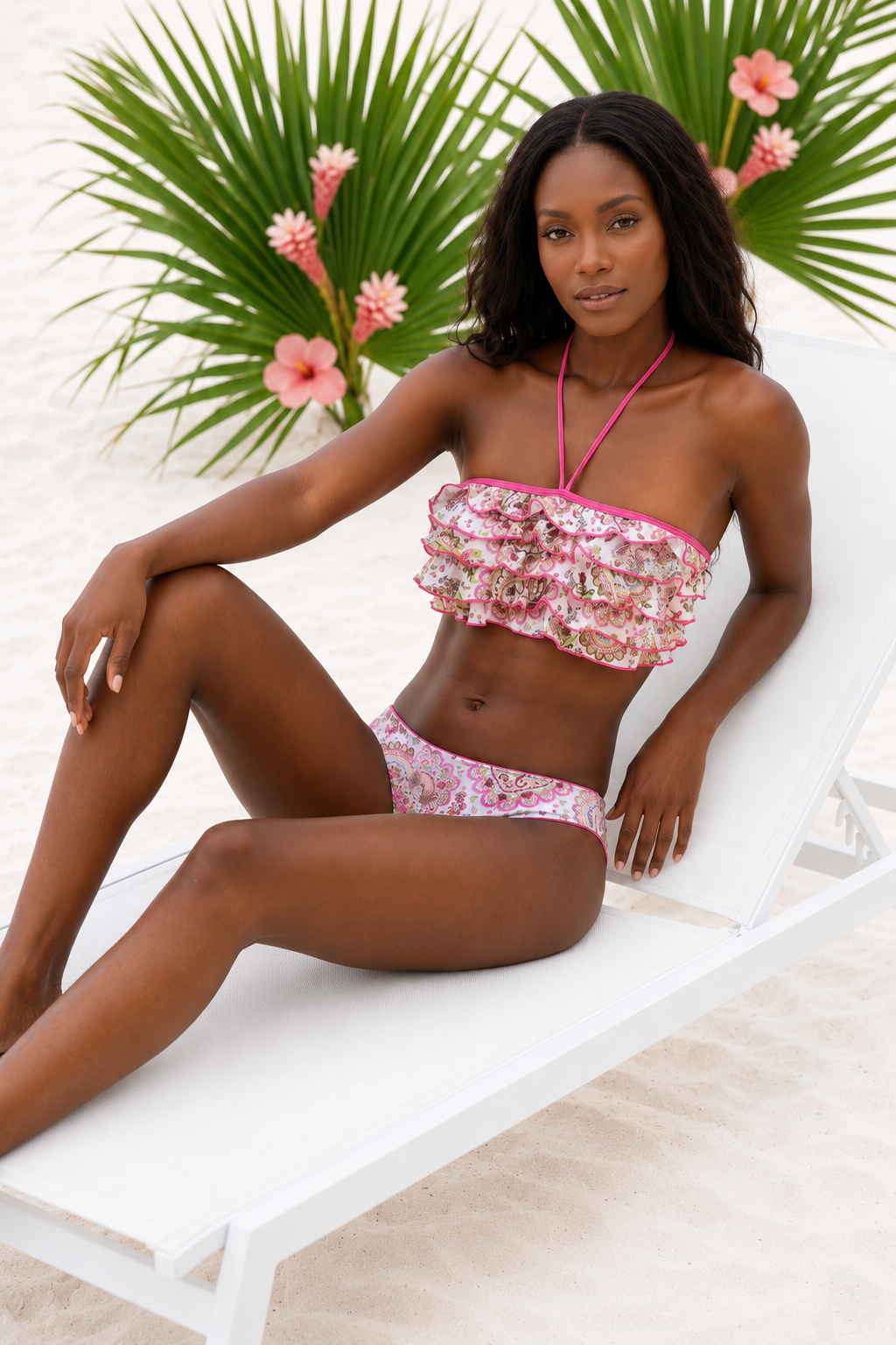 Woman wearing a floral bikini set on a white background