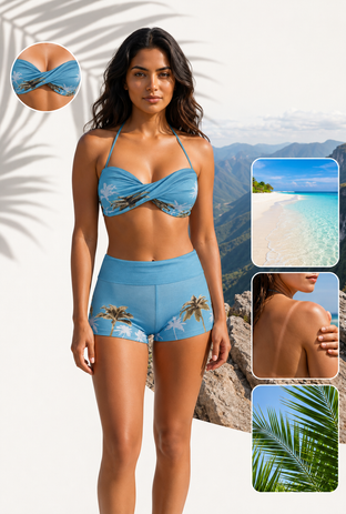 Woman wearing a blue bikini with palm tree design on a white background