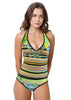 Loco Boutique Flower & Stripe Reversible Halter Tankini - Mint / XS