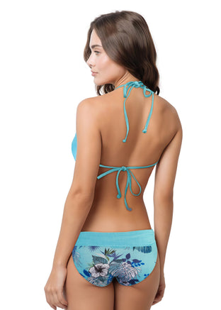 Woman wearing a mint bikini set on a white background