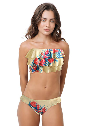 Woman wearing a floral bandeau bikini set on a white background