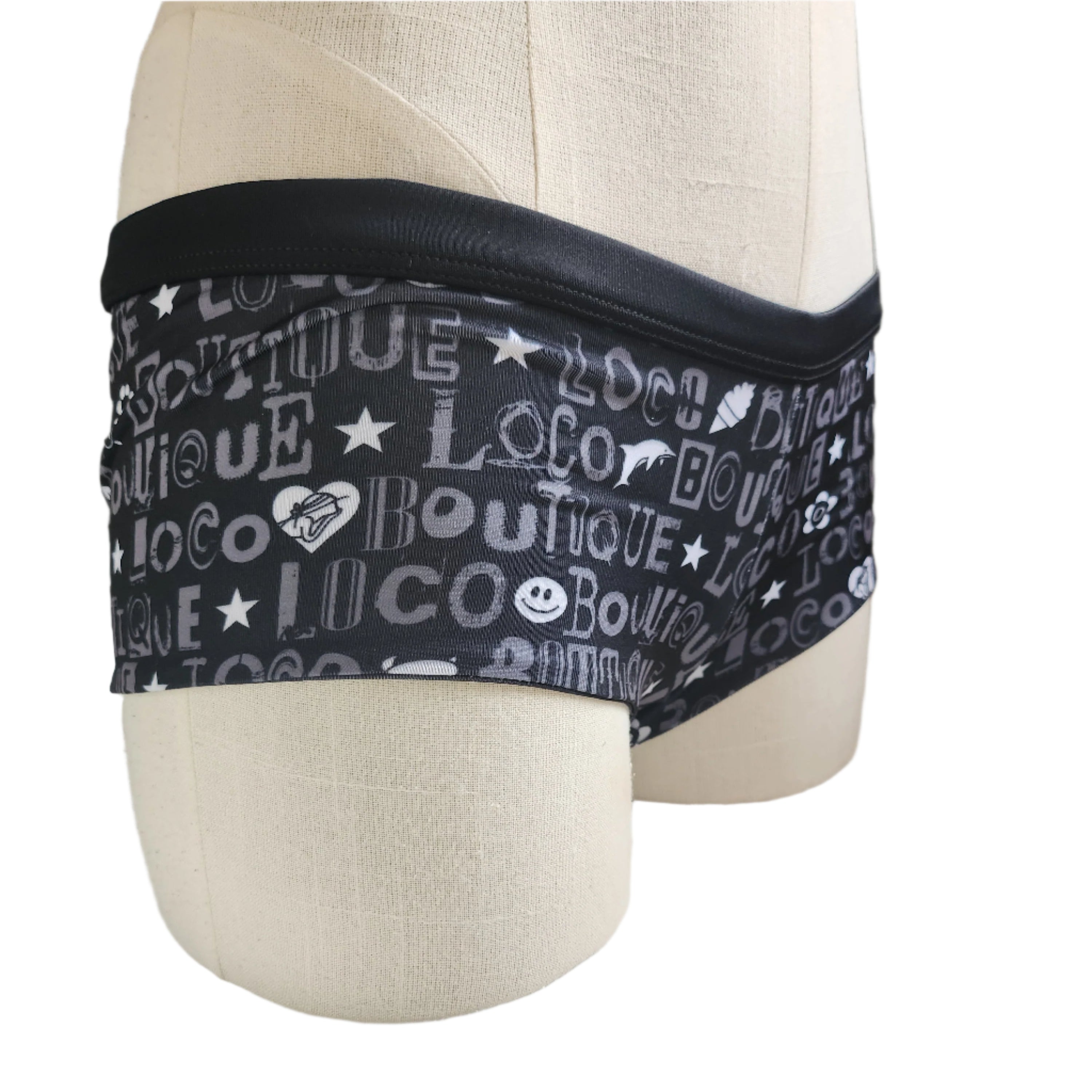Black patterned boyshort on a mannequin against a white background