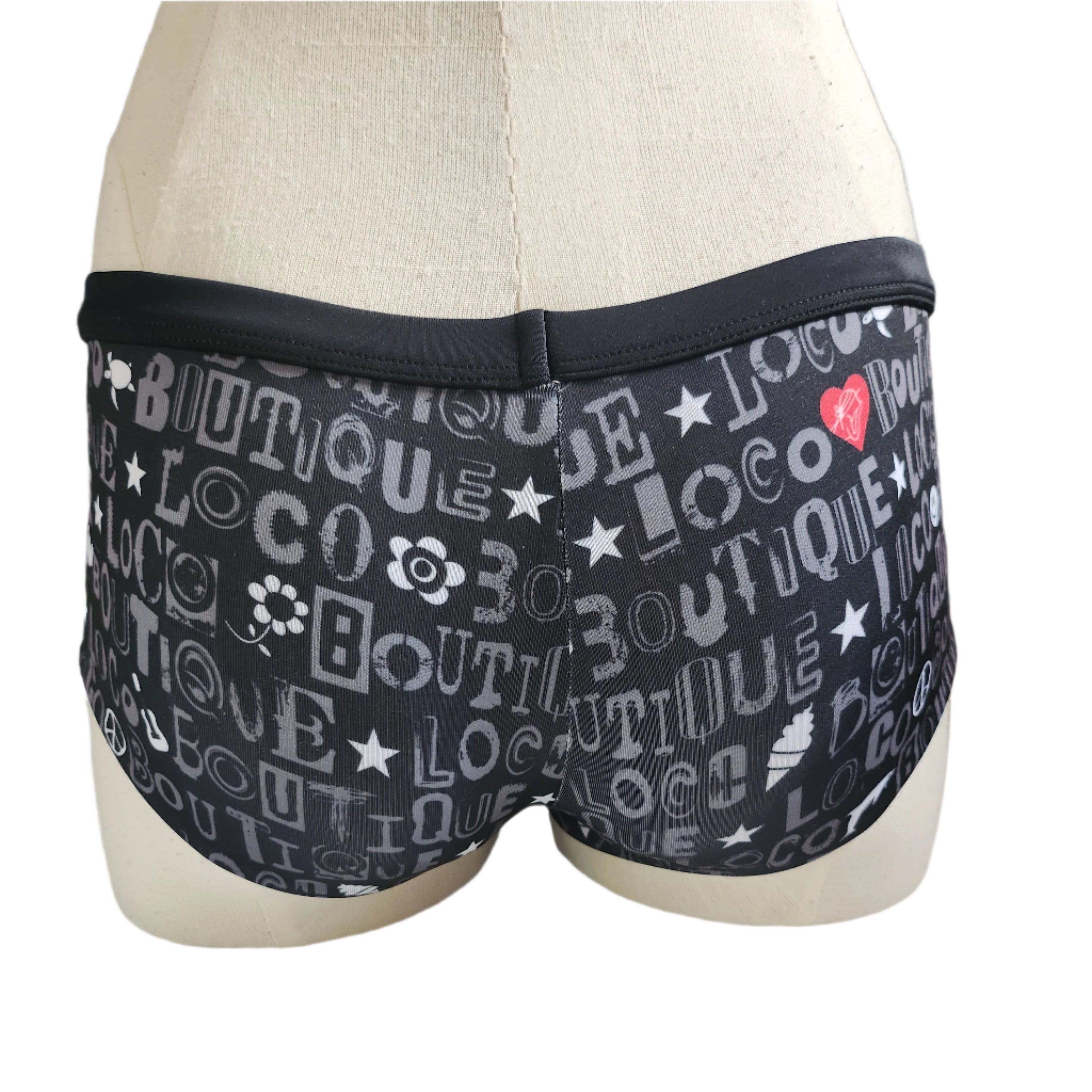 Black patterned boyshort on a mannequin against a white background