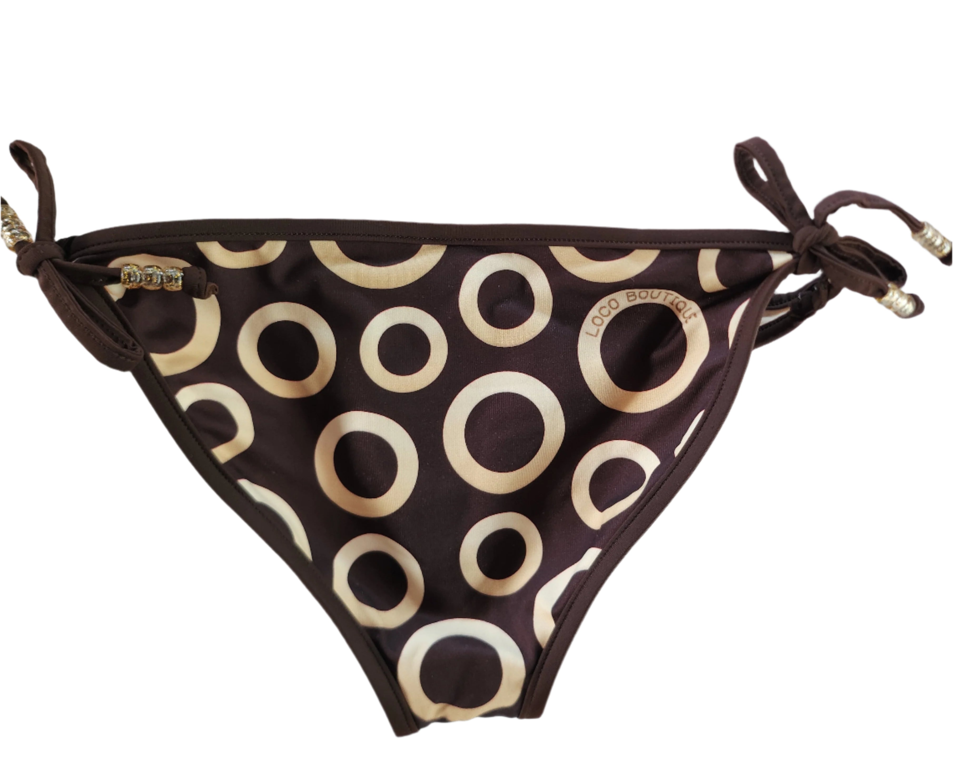 Gold ring patterned keyhole gather bikini bottom on a mannequin against a white background.