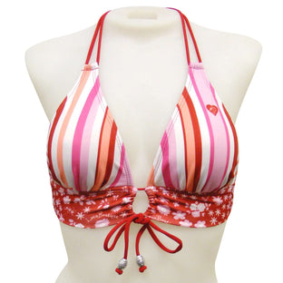 Striped bikini top on a mannequin with a white background