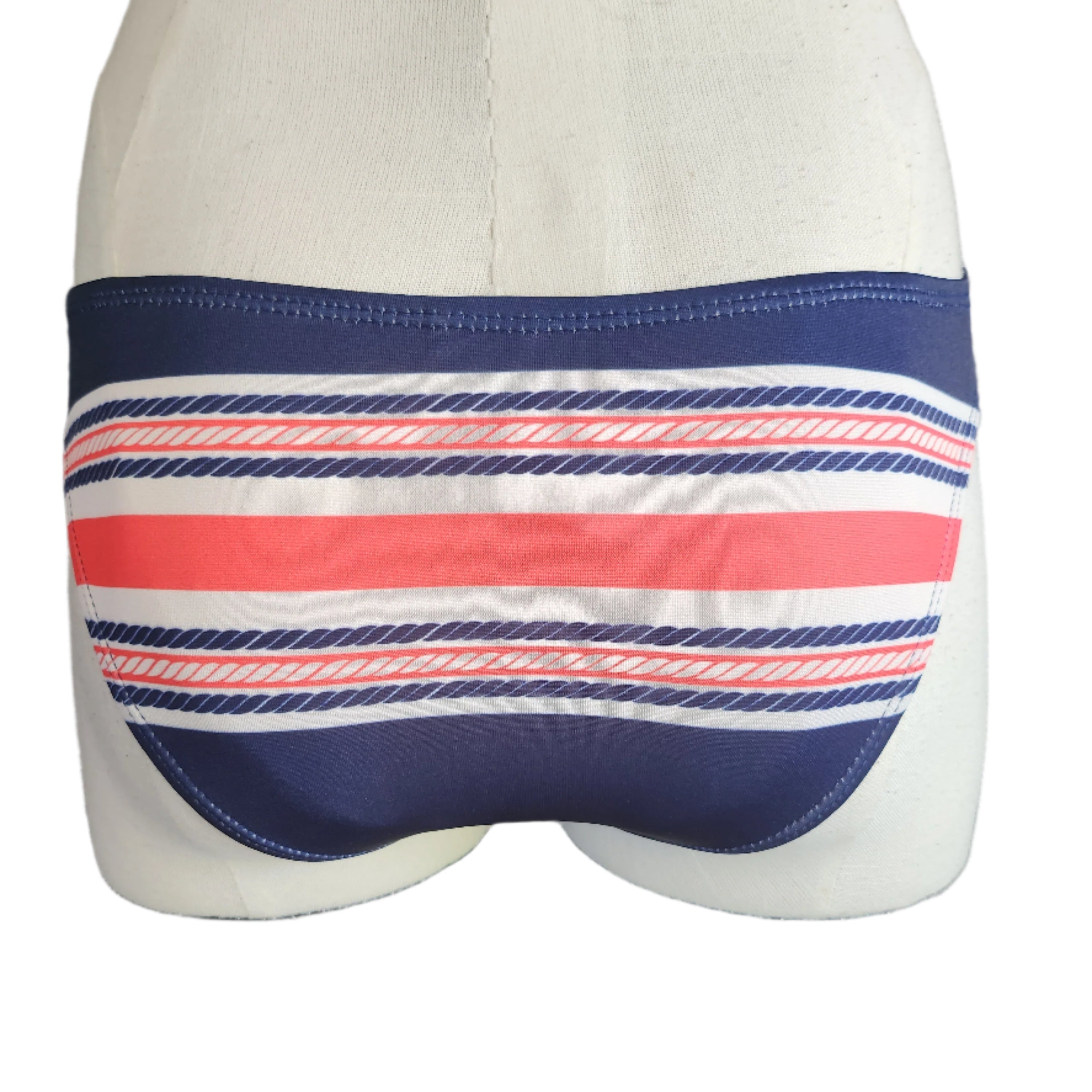 Bikini bottom with red, white, and blue stripes on a mannequin against a white background