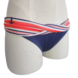 Bikini bottom with red, white, and blue stripes on a mannequin against a white background