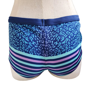Blue patterned boyshort on a mannequin against a neutral background