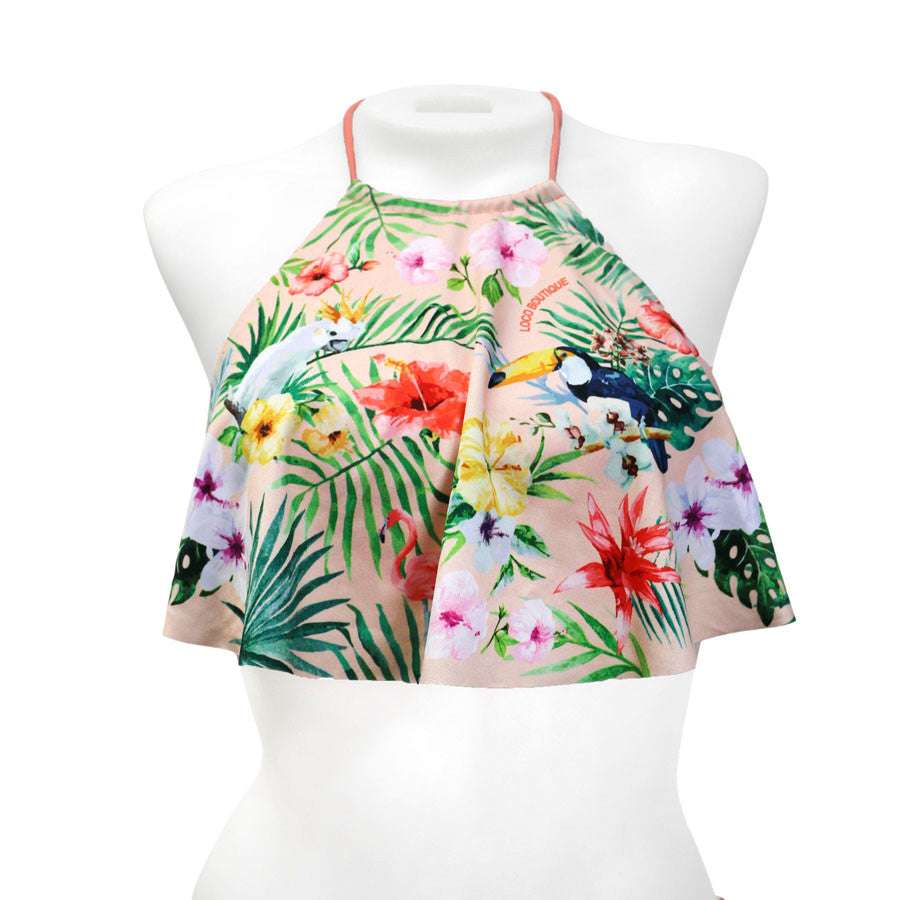 Tropical Bird Flounce Front Halter Crop Top - Loco Boutique