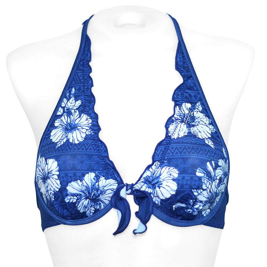 Loco Boutique Blue Hibis Long Flounce Front Underwire