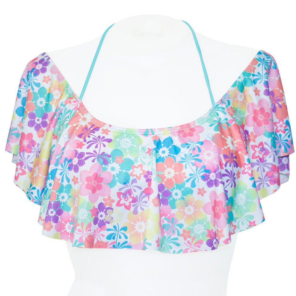 An off-shoulder bandeau bikini top with a vibrant garden-inspired floral print. The top has thin straps and a flounce overlay.