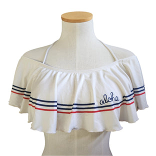 White bandeau top with red and blue stripes on a mannequin against a white background.