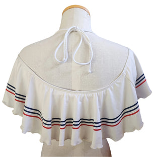 White bandeau top with red and blue stripes on a mannequin against a white background.