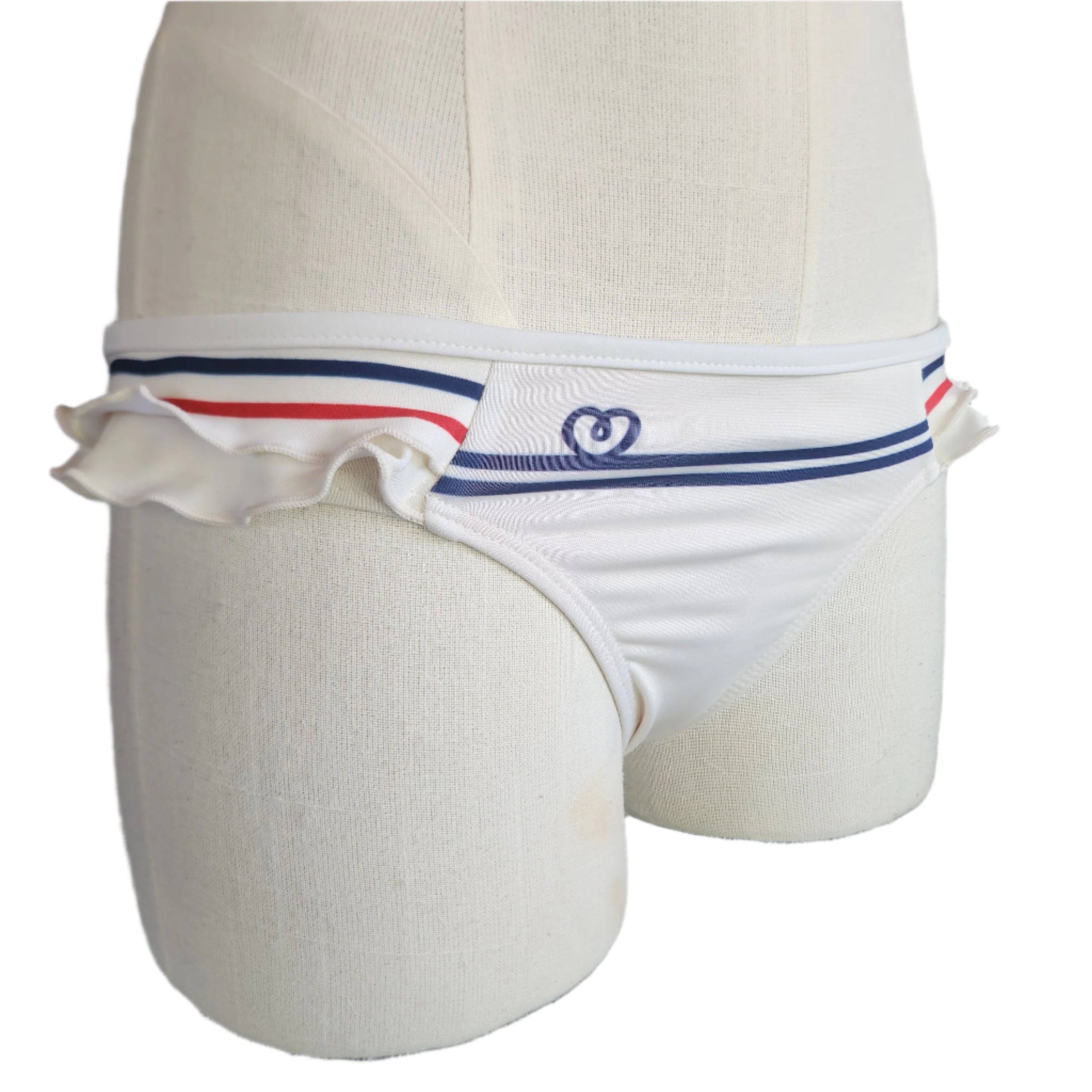 White ruffled bikini bottom with red and blue stripes on a mannequin against a white background