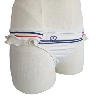 White ruffled bikini bottom with red and blue stripes on a mannequin against a white background