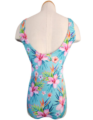A floral one-piece swimsuit with a scoop neck and low U-back, featuring a bright print of various flowers.