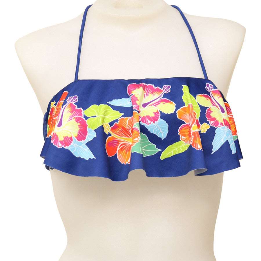 Loco Boutique Multi-Color Hibiscus Long Flounce Bandeau Bikini Top