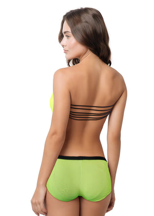 Woman wearing a strapless bikini with black heart design on a white background