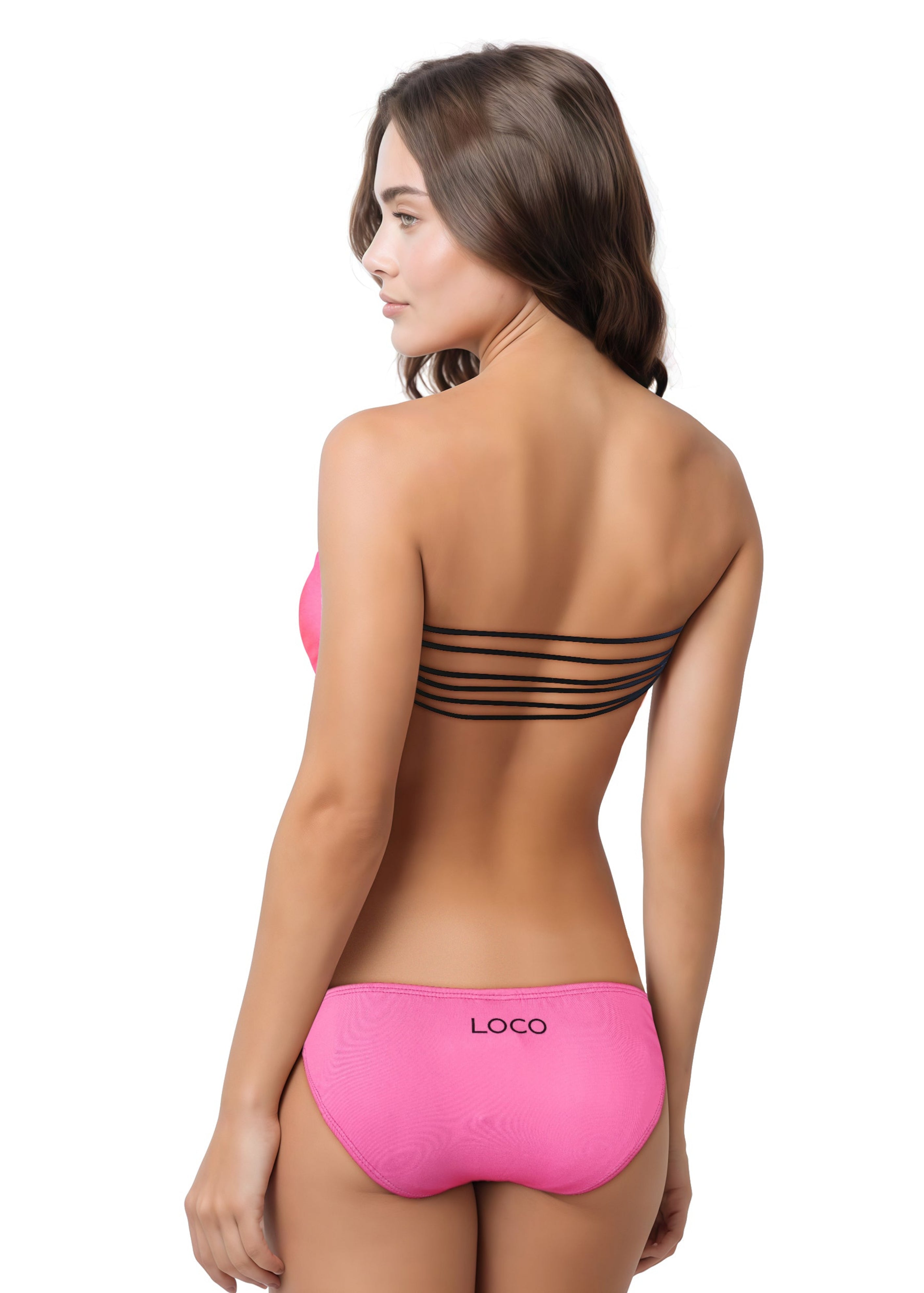 Top de bikini bandeau con espalda de tiras y ribete negro neón de Loco Boutique