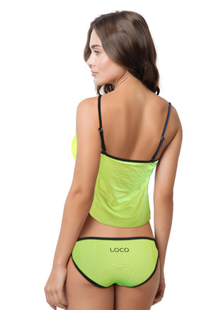 Woman wearing a salmon-colored tank top and a matching bikini bottom with black straps and trim on a white background.