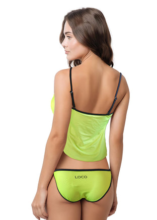 Woman wearing a neon pink bikini set on a white background