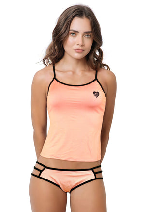 Woman wearing a salmon-colored tank top and a matching bikini bottom with black straps and trim on a white background.