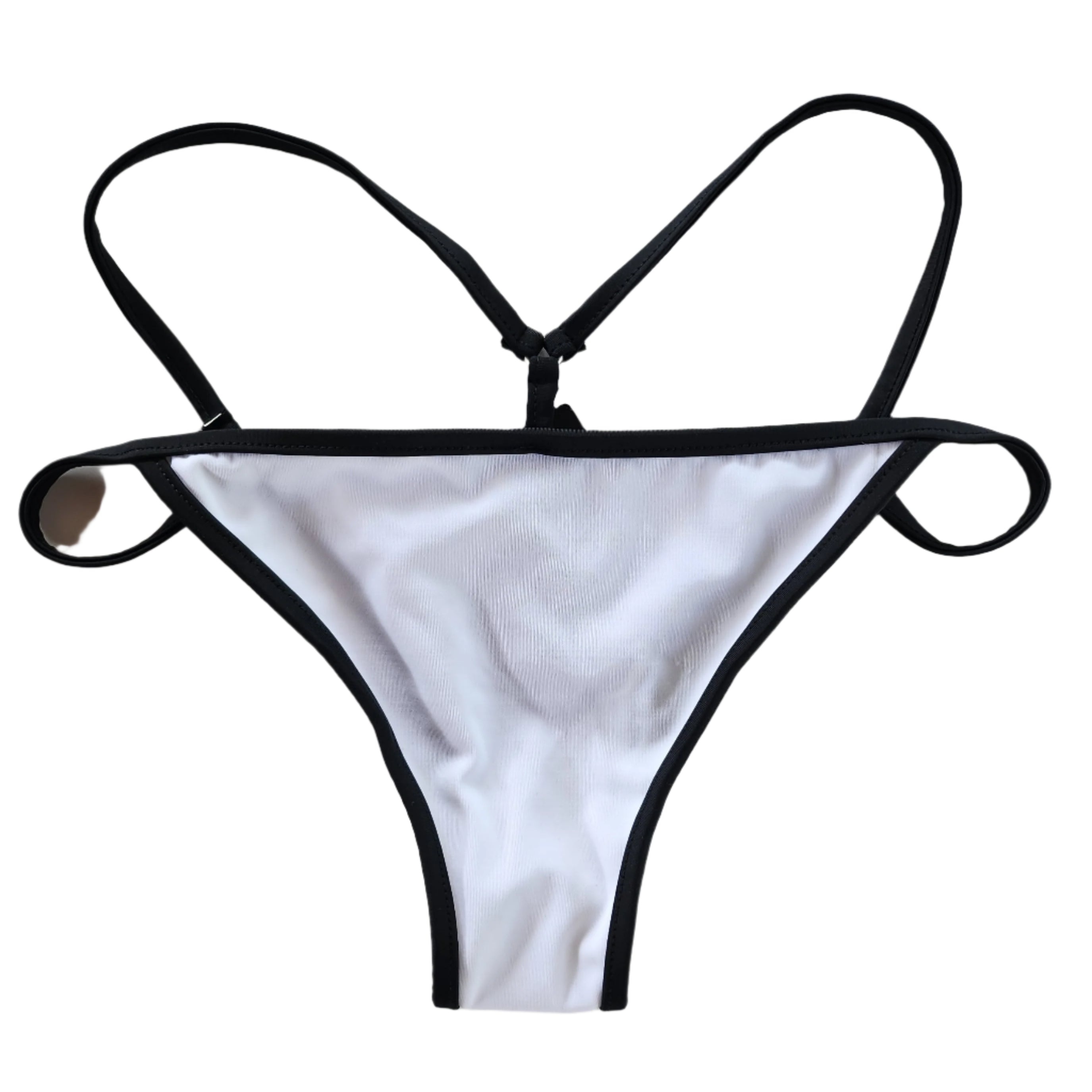 This image displays a minimalist-style women's bikini bottom. The piece features a clean, modern design with a predominantly white fabric and contrasting black trim.