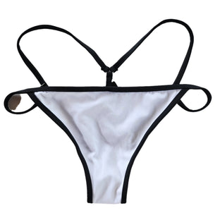This image displays a minimalist-style women's bikini bottom. The piece features a clean, modern design with a predominantly white fabric and contrasting black trim.