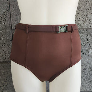 A high waisted brown bikini with a removable clasp belt, worn by a model.