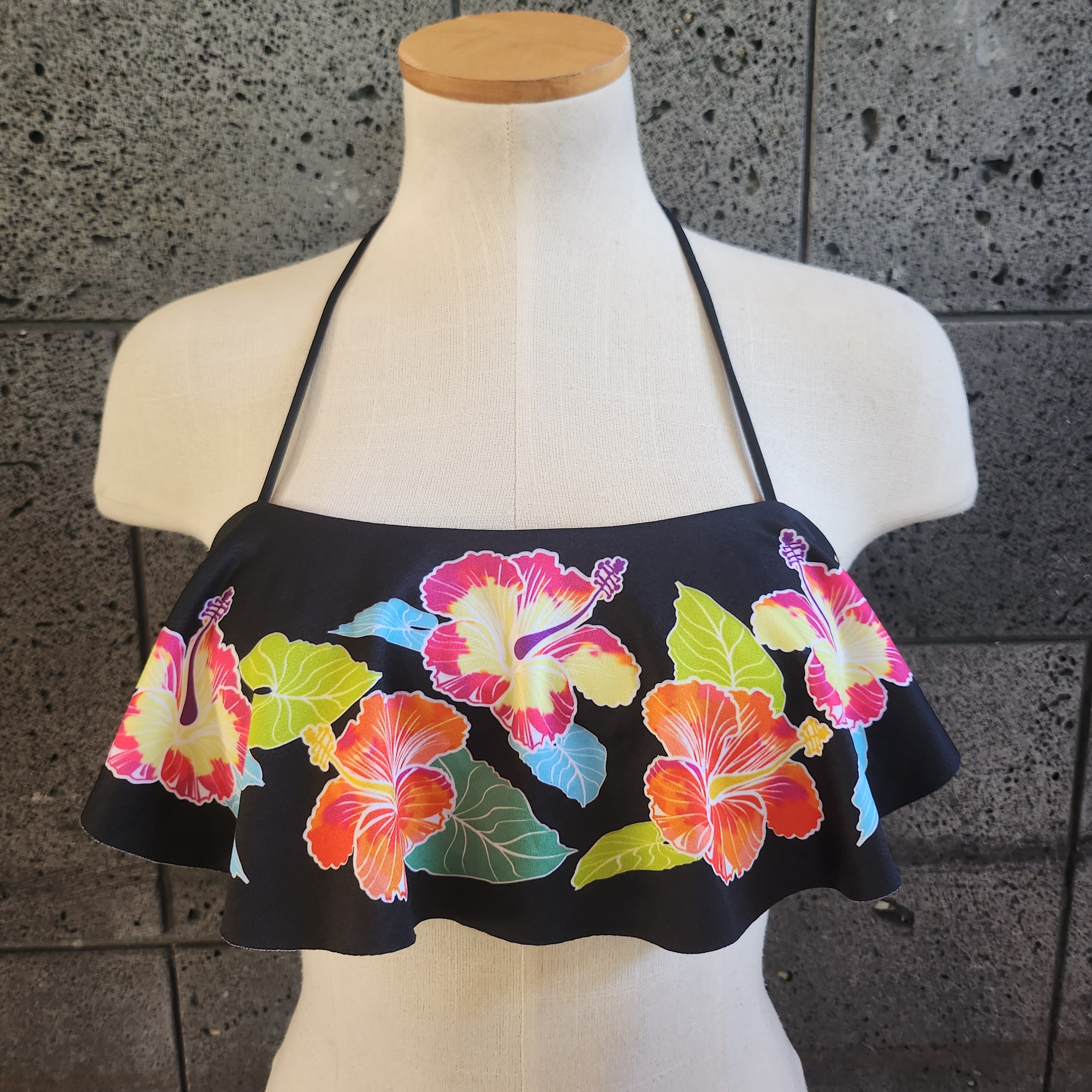 Loco Boutique Multi-Color Hibiscus Long Flounce Bandeau Bikini Top